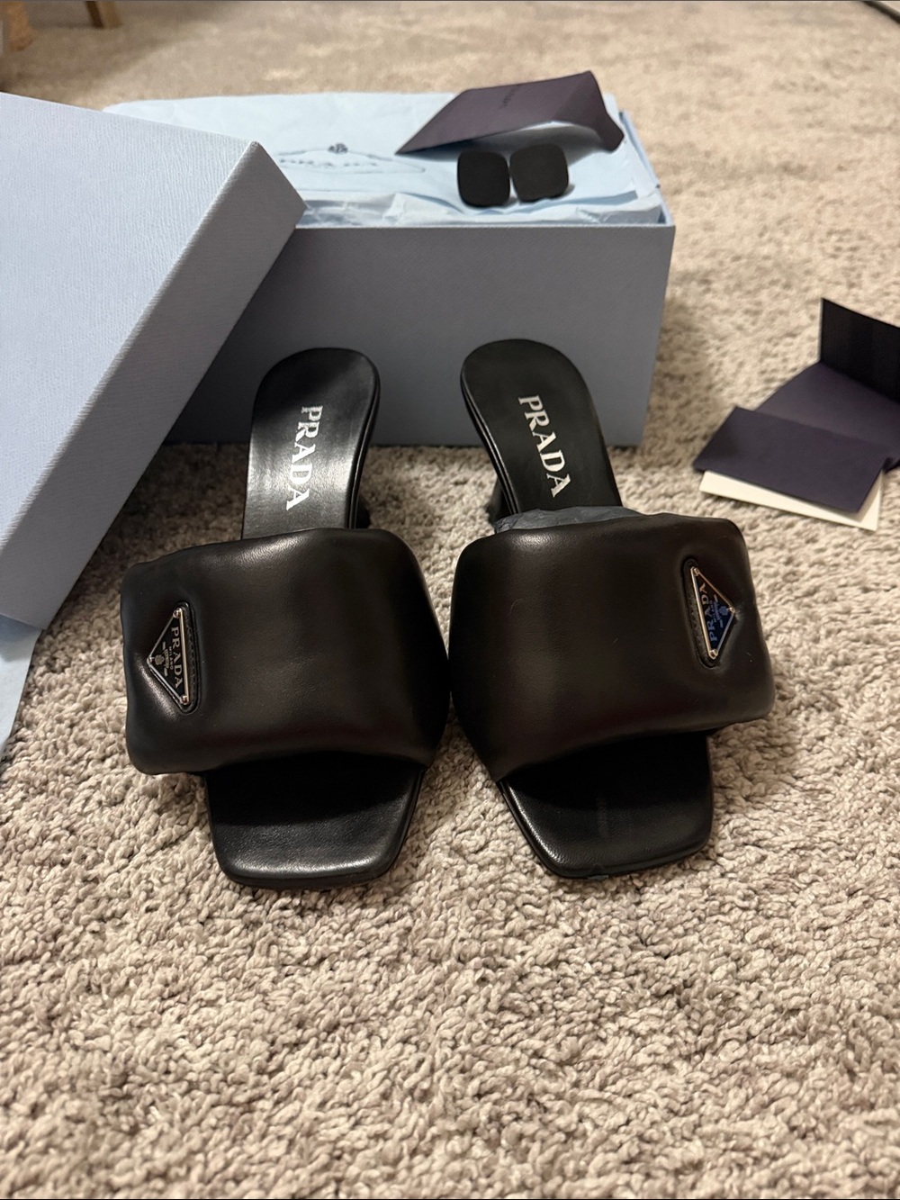 Prada Black Leather Padded Mule Slides with Logo Triangle